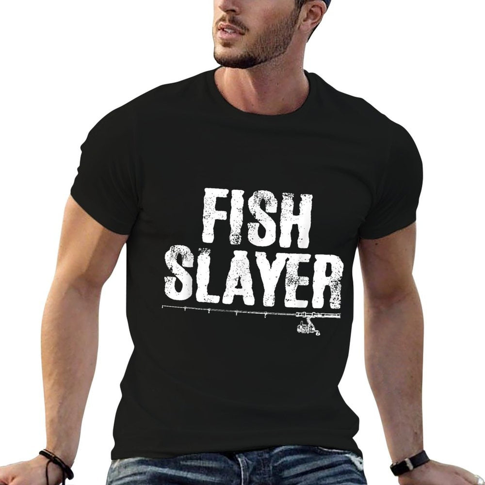 Fish Slayer Fishing Rod Dad Fisherman Cool Fathers Day  Stretchy T-Shirt