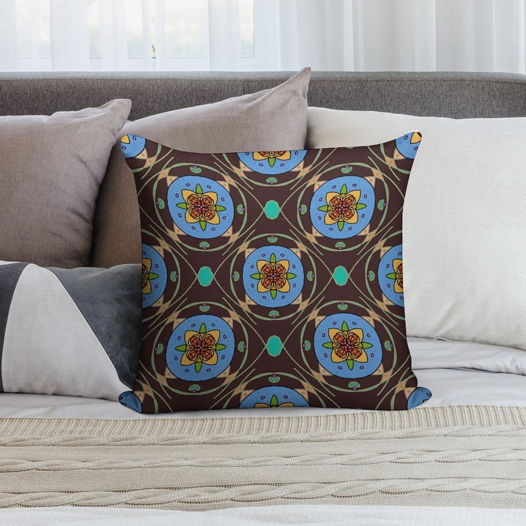 Grannie’s Tile (Bold Folk Art Floral Mandala Pattern, Retro Stained Glass Style) Soft Decorative Cover Throw Pillow