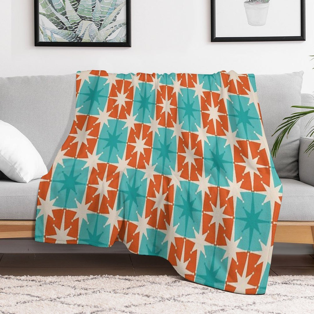 Mid Century Modern Atomic Stars Retro Checkered Starburst Pattern in Teal Turquoise Orange Plush Throw Blanket