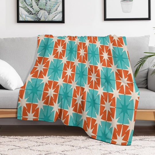Mid Century Modern Atomic Stars Retro Checkered Starburst Pattern in Teal Turquoise Orange Plush Throw Blanket
