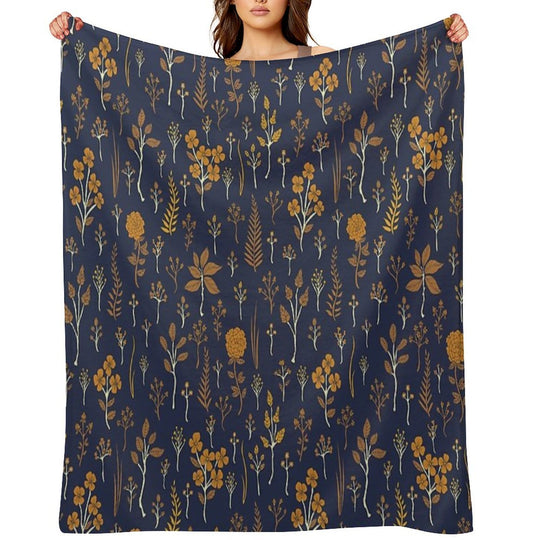 Navy Blue & Mustard Yellow Floral Pattern Comfort Throw Blanket