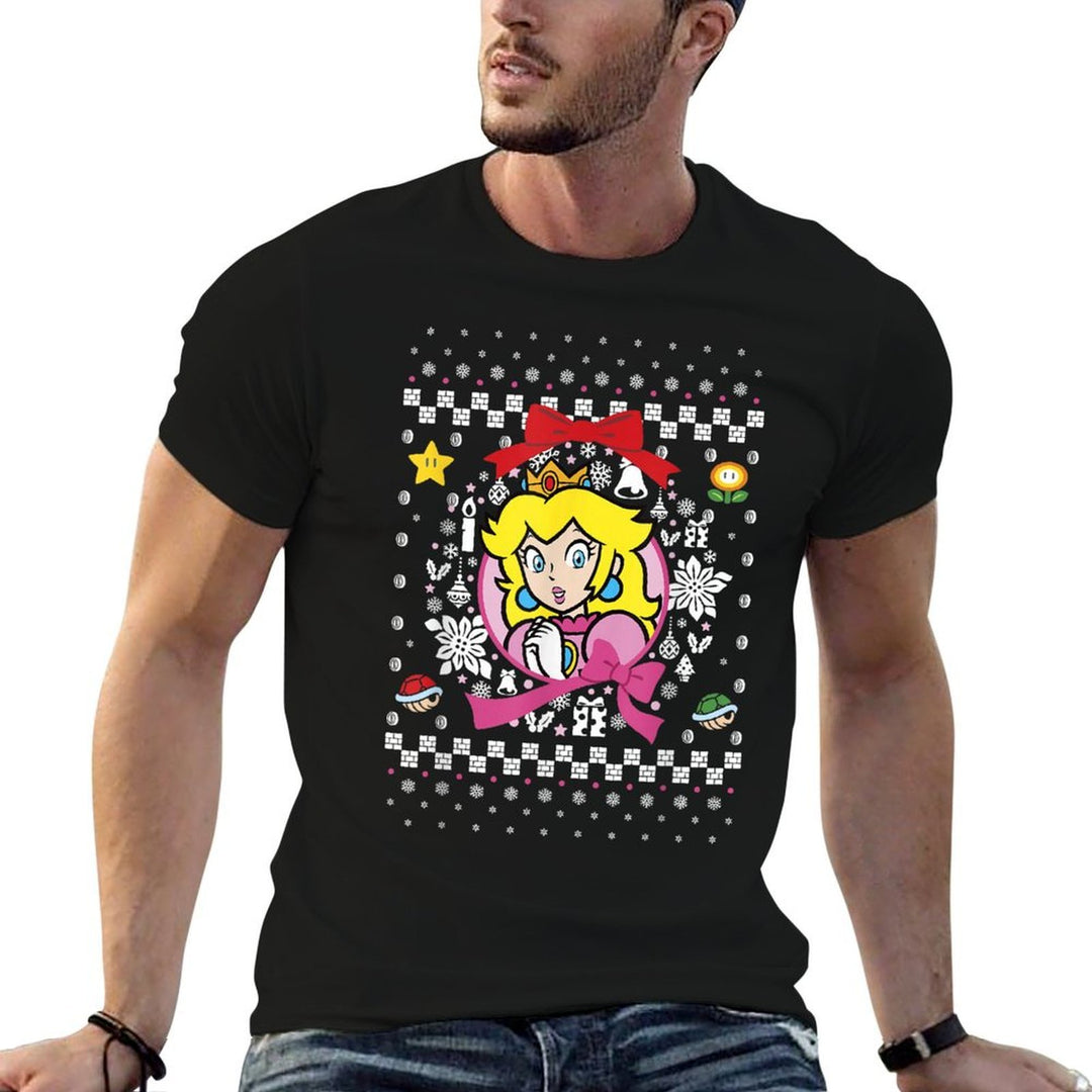 Super Mario Classic Ugly Christmas Peach Graphic  Rolled Sleeves T-Shirt