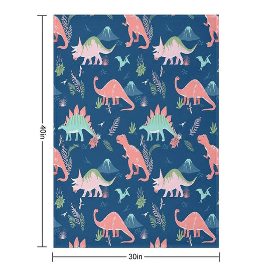 Jurassic Dinosaur in Blue + Coral Wrinkle-free Throw Blanket