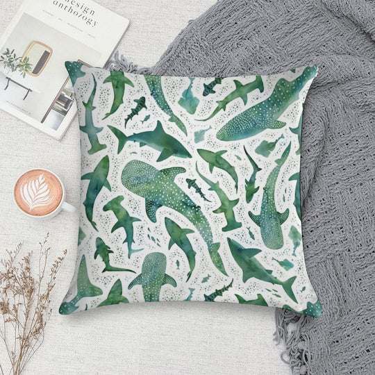 Monochrome Green Watercolour Shark Ocean on White Soft Fade-Resistant Throw Pillow