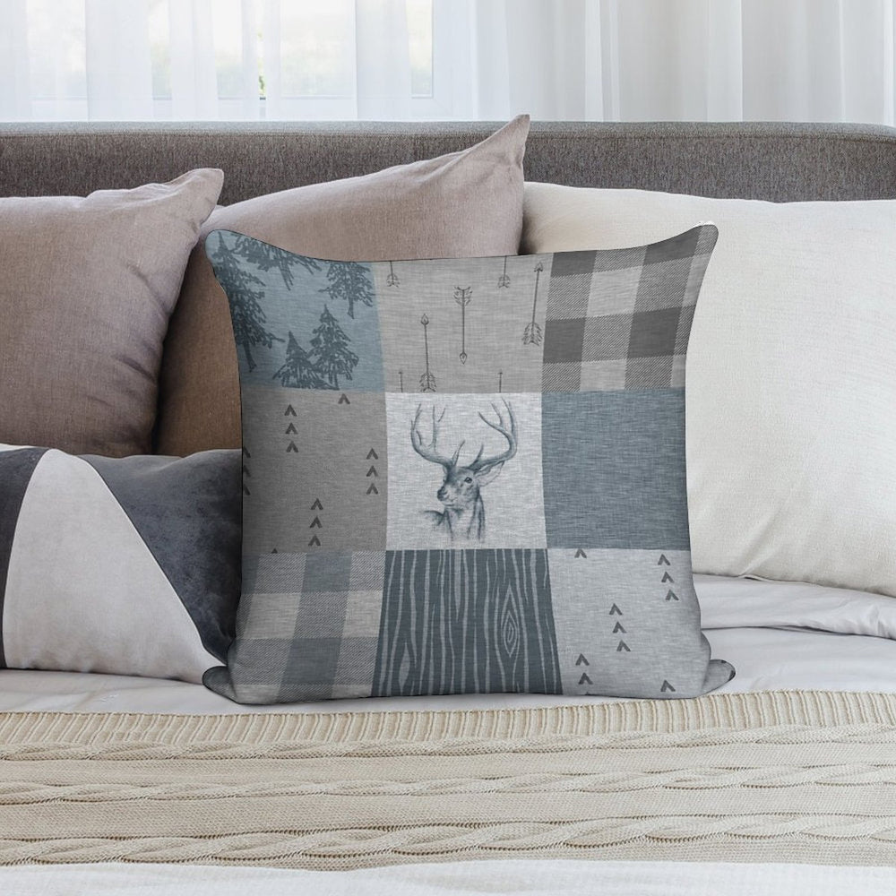 Deer Patchwork - Rustic Blue And Grey Soft Durable Construction Throw Pillow