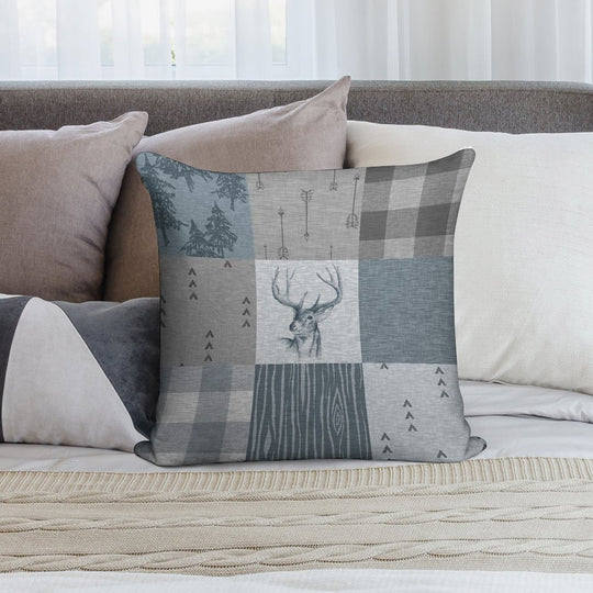 Deer Patchwork - Rustic Blue And Grey Soft Durable Construction Throw Pillow