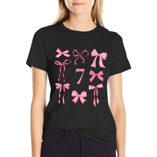 Hello Seven Coquette Preppy Pink Bow 7th Birthday Girl  High-quality Stitching T-Shirt