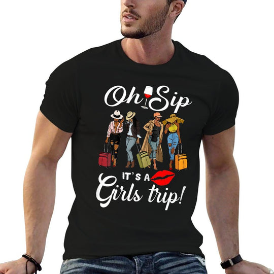 Oh Sip Its A Girls Trip Funny Wine Party Black Women Queen  Rolled Sleeves T-Shirt