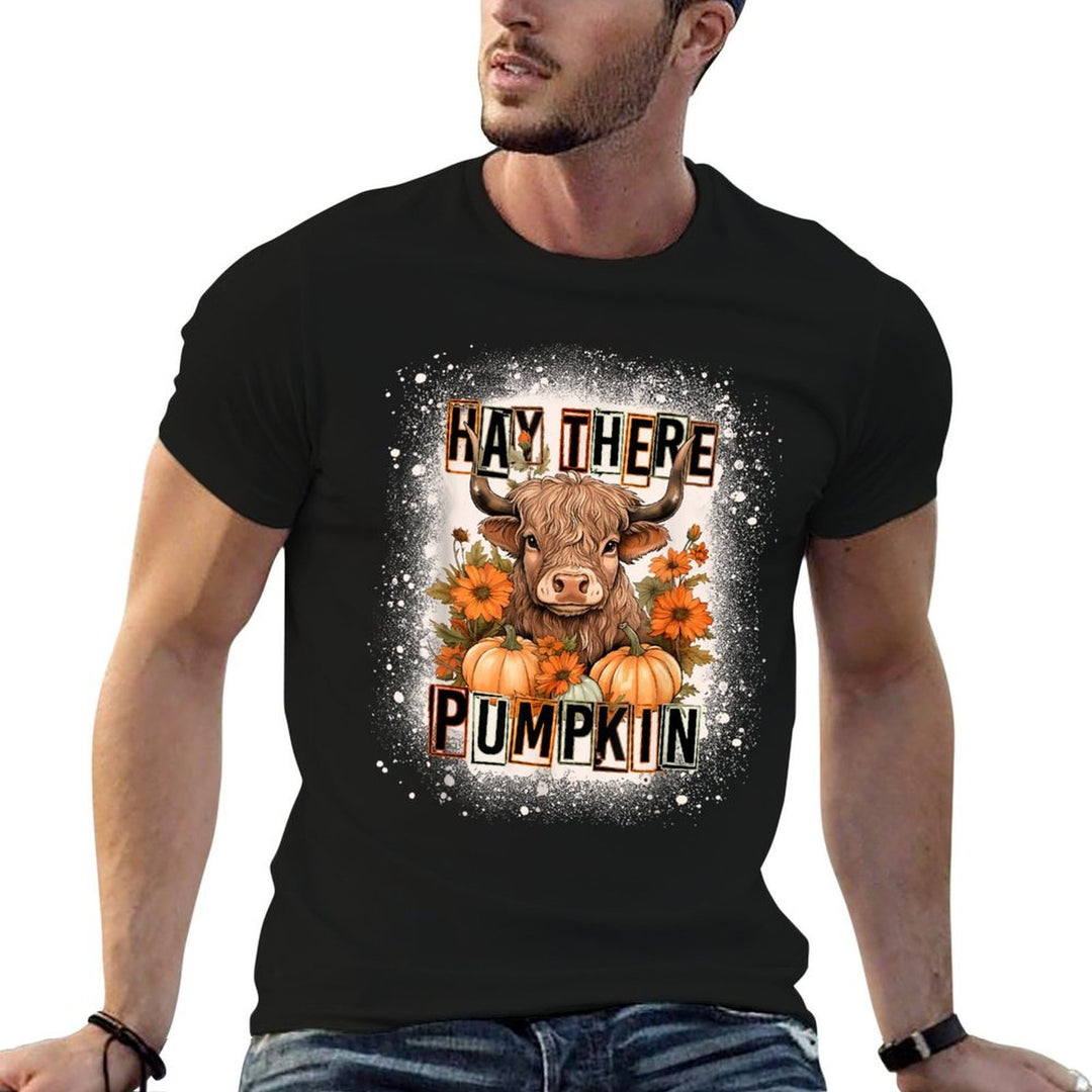 Bleached Hay There Pumkin Highland Cow Fall Autumn  Ribbed Collar T-Shirt