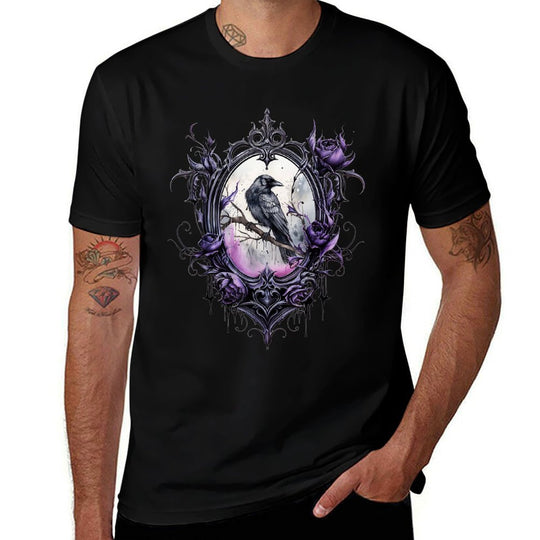 Gothic Halloween Raven Rose Purple Majestic Bird  Rolled Sleeves T-Shirt