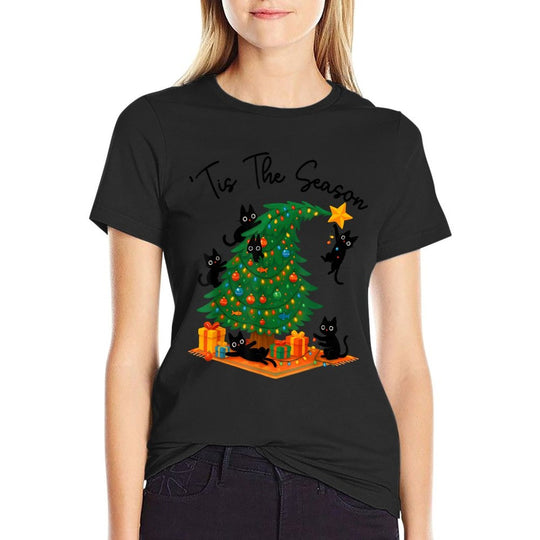 Tis The Season Christmas Tree Cute Black Cat Matching Family  Graphic-printed T-Shirt