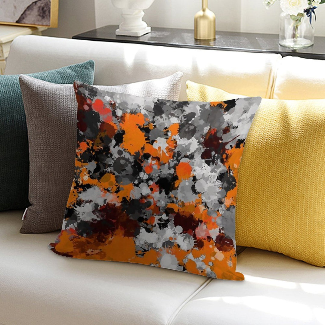 Orange And Grey Paint Splatter Soft Hidden Zipper Throw Pillow