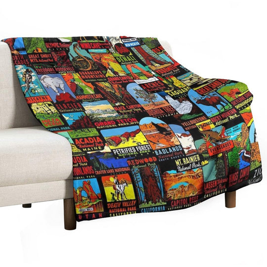 American National Parks Vintage Travel Decal Bomb Versatility Throw Blanket