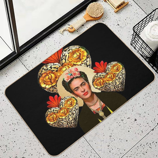 Frida Kahlo Portrait Color, Flowers And Sacred Heart, Black Background  Long-Lasting Bath Mat