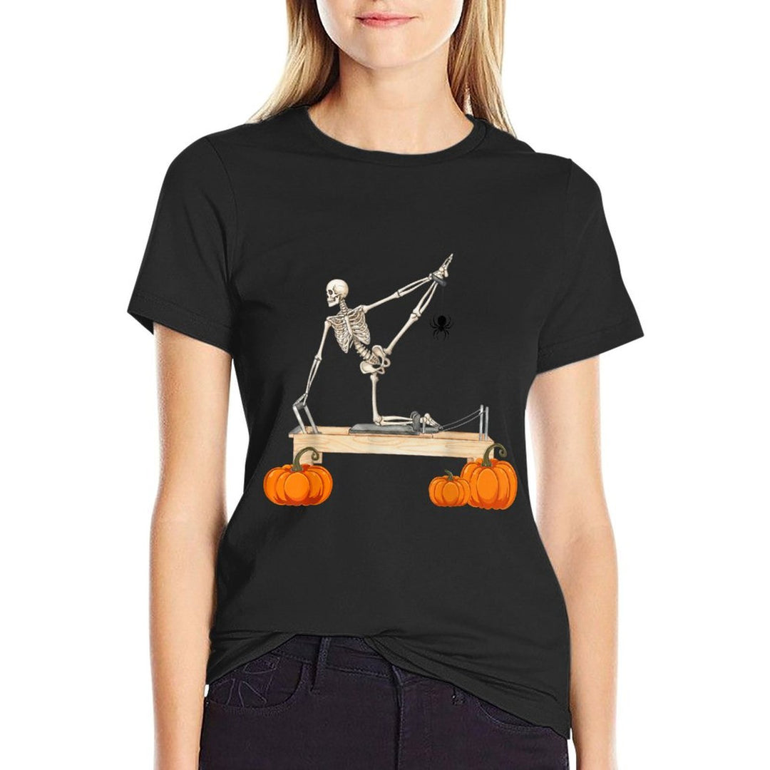 Skeleton Doing Reformer Pilates Machine Pumpkin Halloween  Polyester Blend T-Shirt