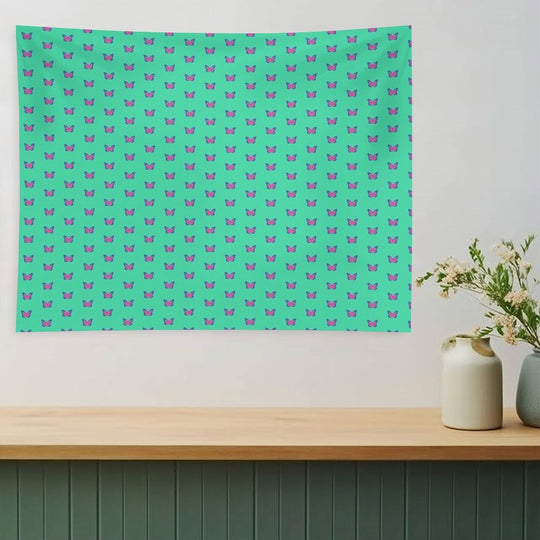 Blue And Pink Butterflies on Mint Green Tapestry