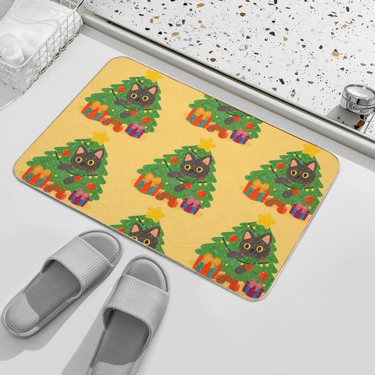 Christmas Black Cat with Tree – Cute Holiday Illustration  Long-Lasting Bath Mat