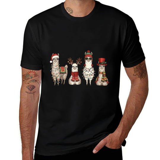 Christmas Llama Quartet Lights Santa Antlers Top Hat Scarf  Cotton T-Shirt
