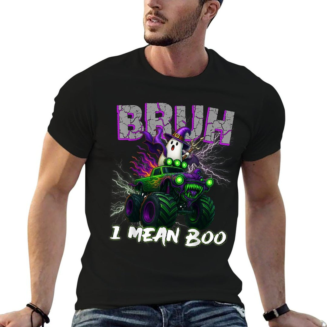 Bruh I Mean Boo Riding Monster Truck Halloween Boys Kids  Rolled Sleeves T-Shirt