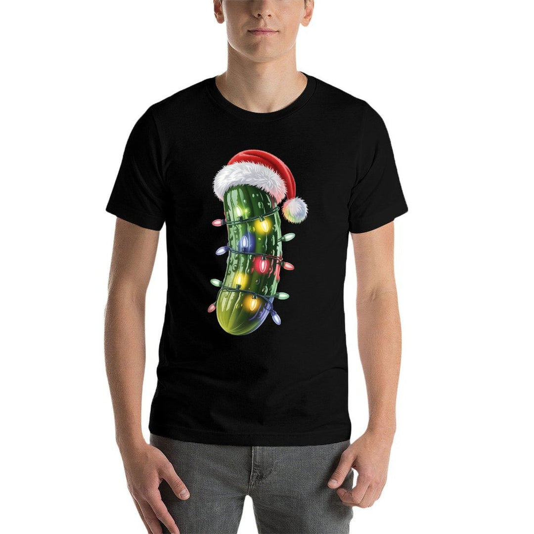 Funny Pickle Santa Hat Christmas Lights Xmas Men Women  Polyester Blend T-Shirt