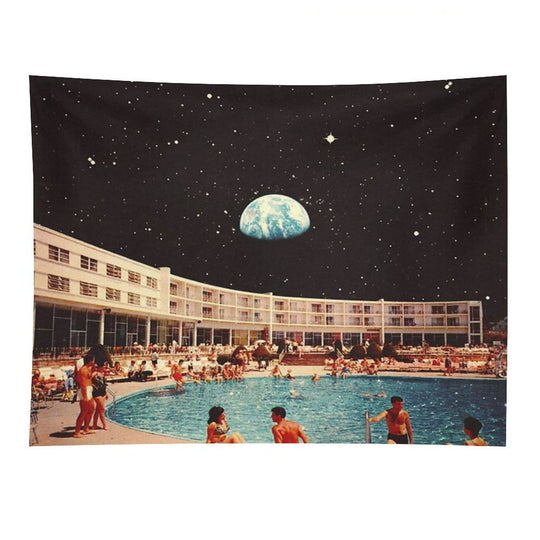 Lunar Pool Life - Retro-Futuristic Holiday Resort, Science Fiction Collage Tapestry