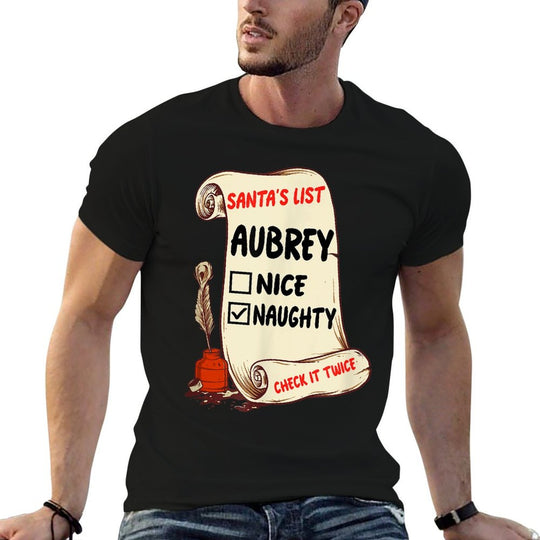 Aubrey Name - Santa Naughty Nice List Funny Xmas Cute  Polyester Blend T-Shirt