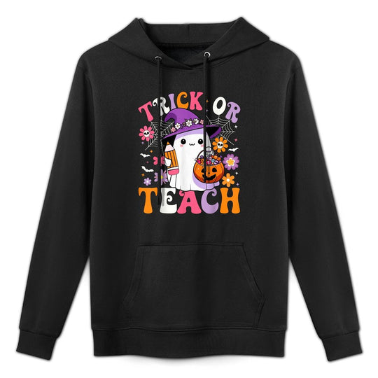 Trick Or Teach Teacher Groovy Ghost Funny Halloween Teacher Colorfast Hoodie