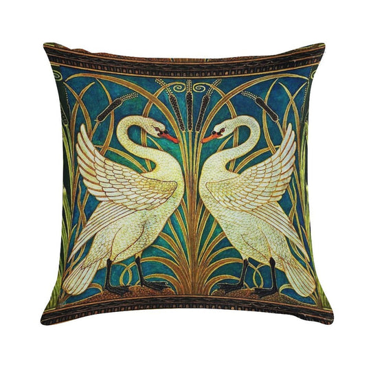 TWO WHITE SWANS AMONG REEDS IN BLUE Art Nouveau Animals Soft Washable Throw Pillow