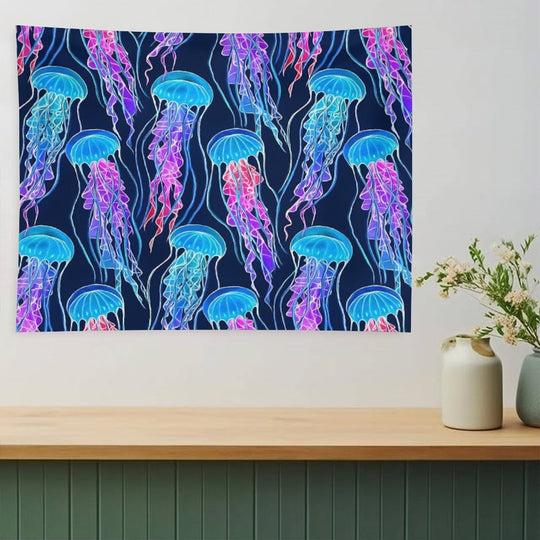 Luminescent Rainbow Jellyfish on Navy Blue Tapestry