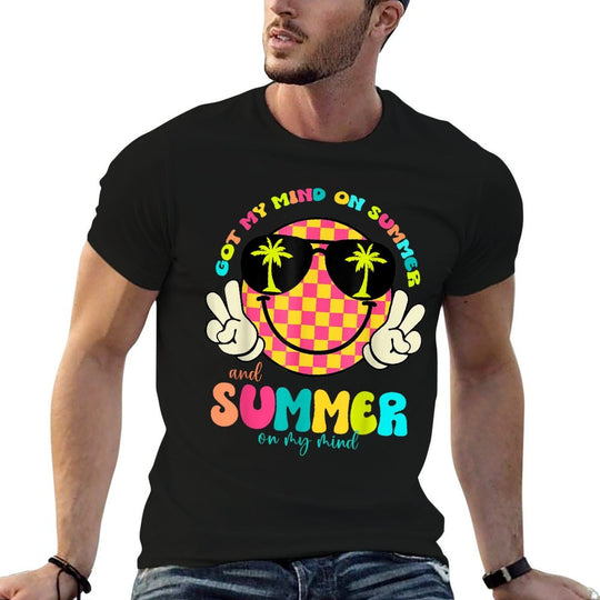 Groovy Happy Face Summer Vibes Got My Mind On Summer Teacher  Tagless Design T-Shirt