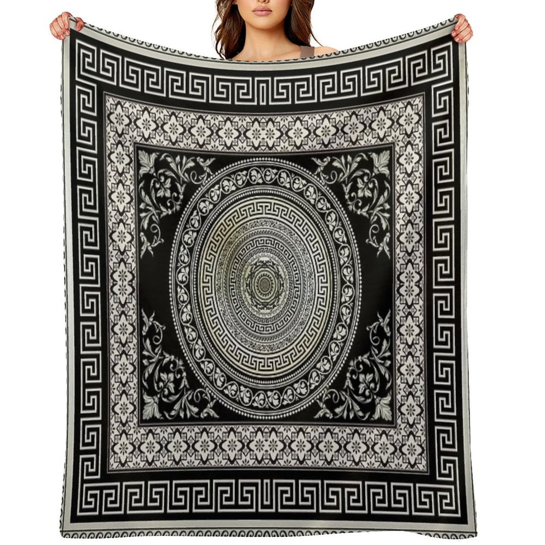 Greek Key Meander Black Cream Ornate Medallion Machine-washable Throw Blanket