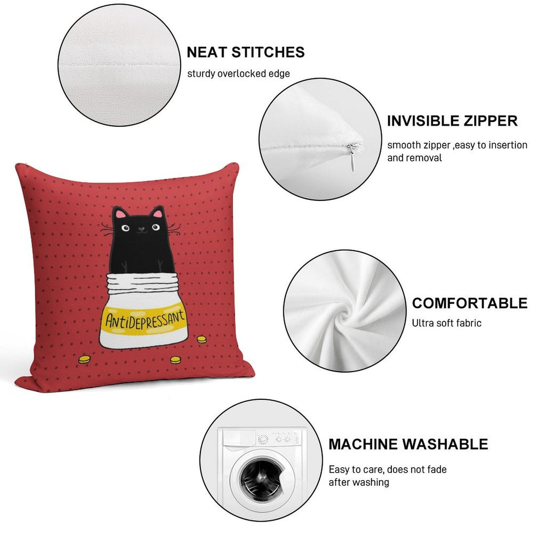 FUR ANTIDEPRESSANT . Cute Black Cat Illustration. A Gift for A Pet Lover. Soft Durable Construction Throw Pillow