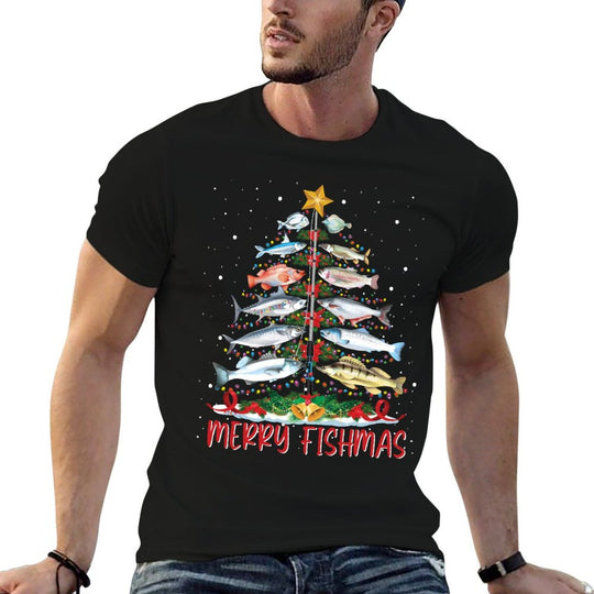 Fish Fishing Rod Christmas Tree Fisherman Merry Fishmas  Ribbed Collar T-Shirt