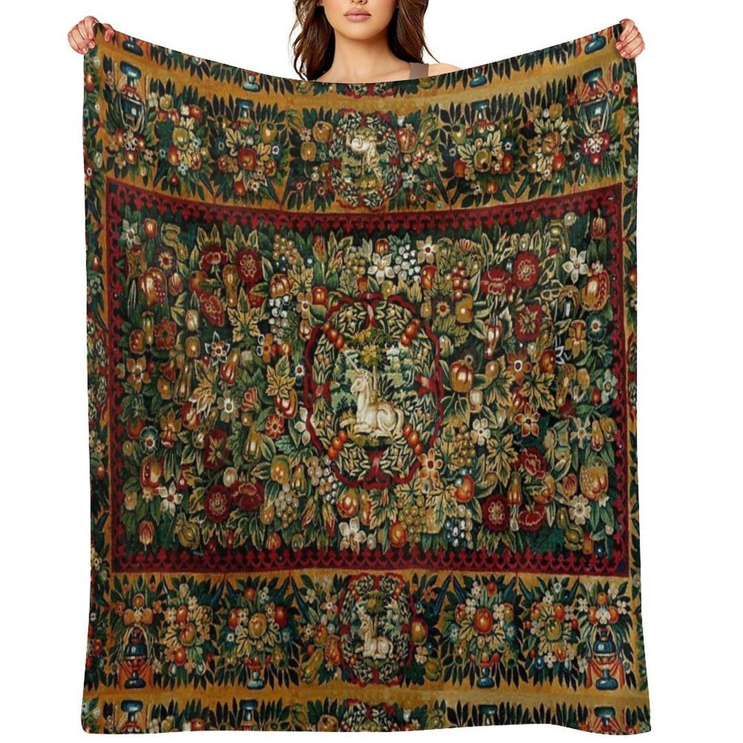 Medieval Unicorn Floral Tapestry Compact Throw Blanket