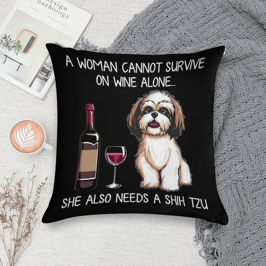 Shih Tzu And Wine Funny Dog Soft Home Decor Throw Pillow