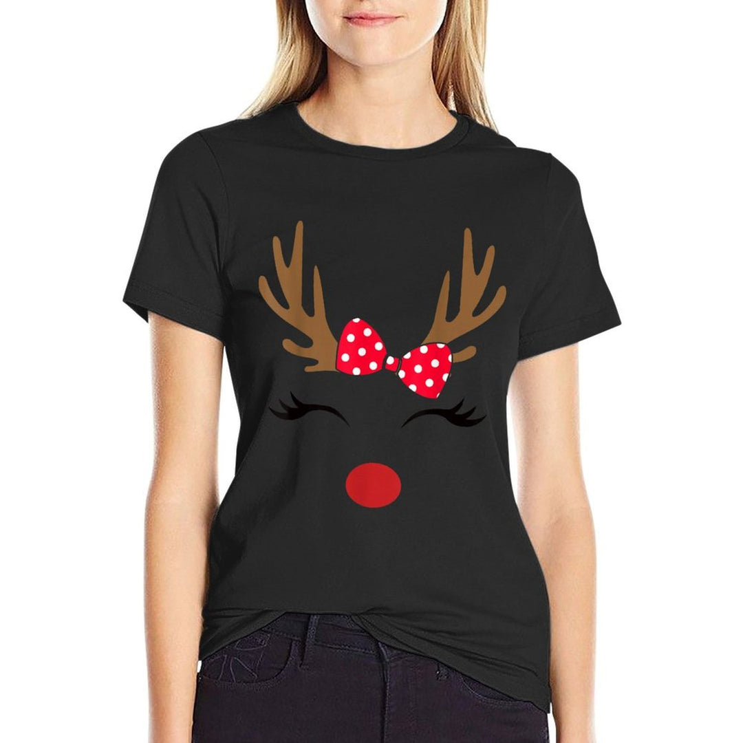 Womens Reindeer Face Glasses Leopard Christmas Costume Girls  Cotton T-Shirt