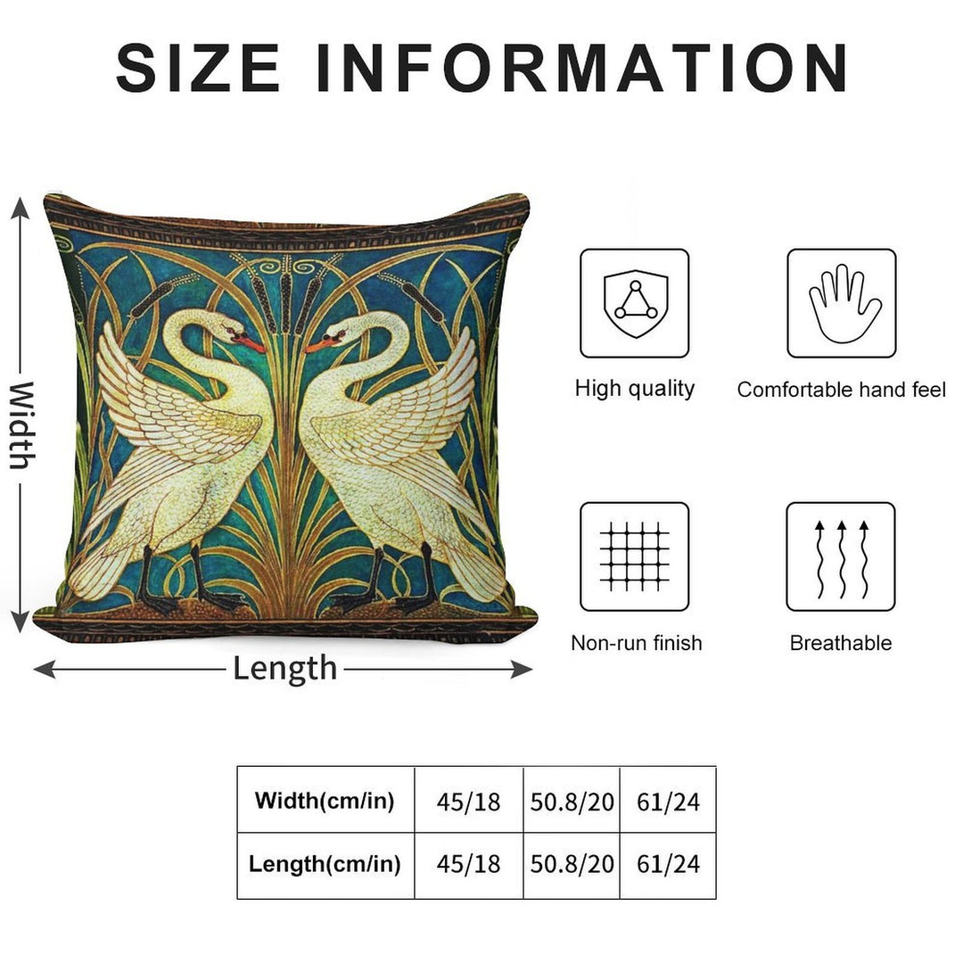 TWO WHITE SWANS AMONG REEDS IN BLUE Art Nouveau Animals Soft Washable Throw Pillow