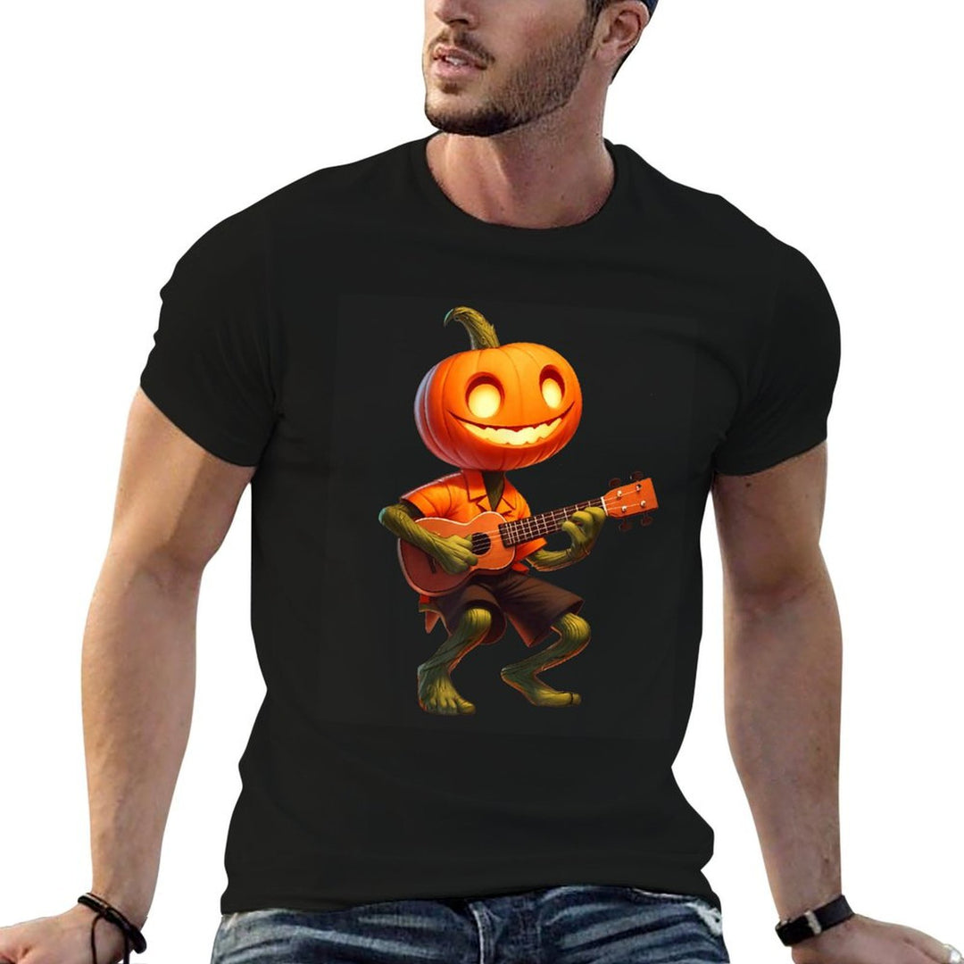 Pumpkin Face Playing Ukulele Halloween Costume Men Boys Kids  Versatile T-Shirt
