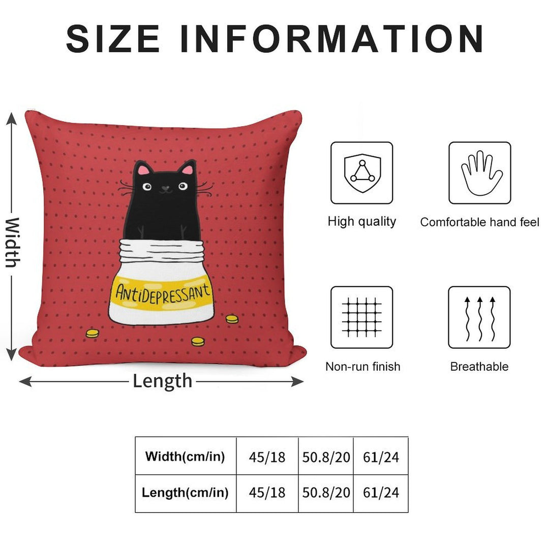 FUR ANTIDEPRESSANT . Cute Black Cat Illustration. A Gift for A Pet Lover. Soft Durable Construction Throw Pillow