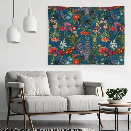 Vintage Blue Springflower Meadow Botanical Night Garden Tapestry