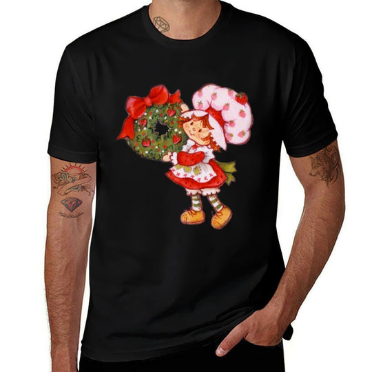 Strawberry Shortcake Holding A Christmas Wreath with Bow  Eco-friendly Material T-Shirt