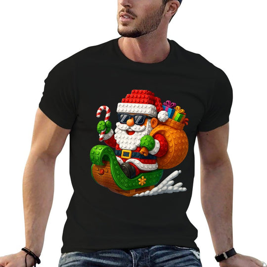 Funny Santa Buidling Brick Riding Pjs Christmas Xmas Boy  High-quality Stitching T-Shirt