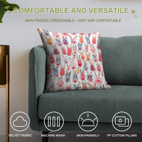 Reindeers - Animal Cuteness - Winter Watercolor Pattern - Rudolph Soft Bedroom Essential Throw Pillow