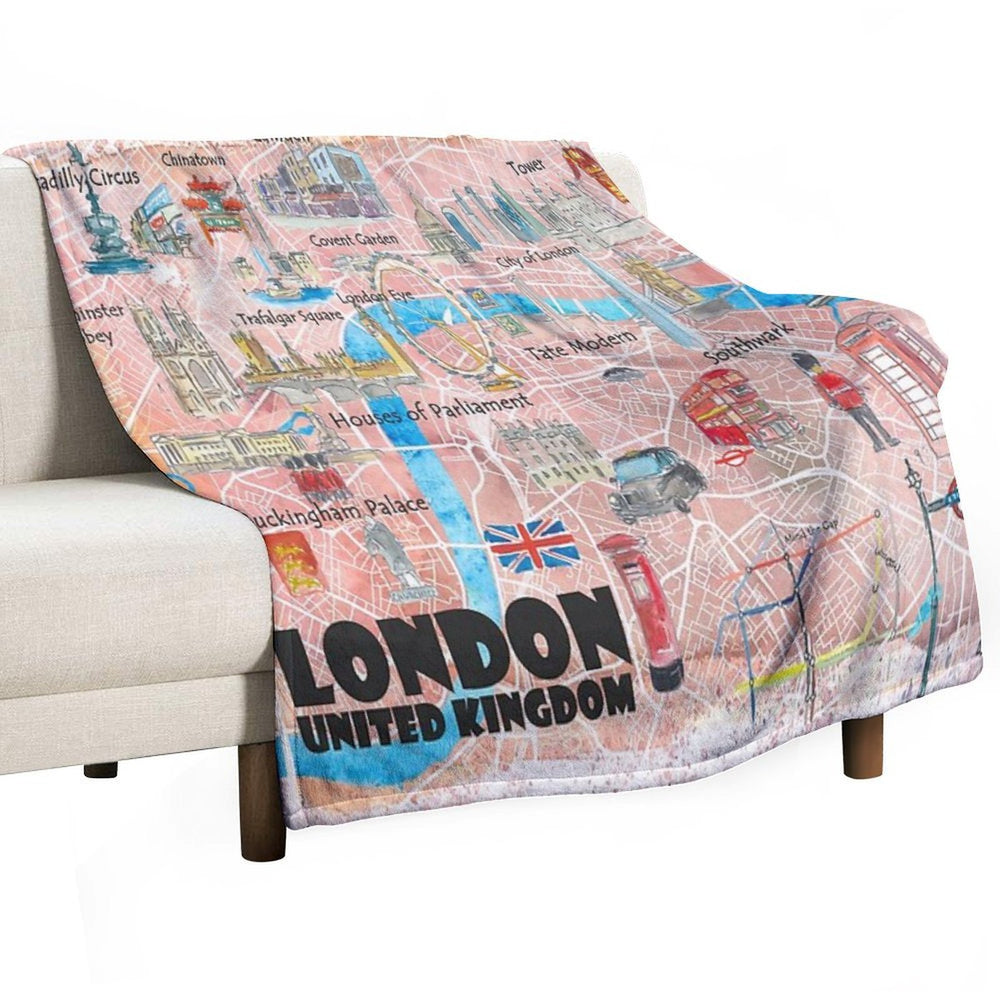 London UK Illustrated Map with Main Roads, Landmarks & Highlights Durable Throw Blanket