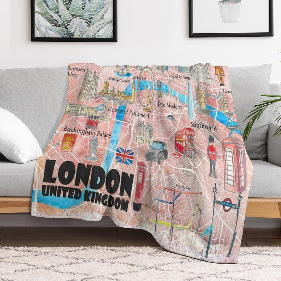 London UK Illustrated Map with Main Roads, Landmarks & Highlights Durable Throw Blanket