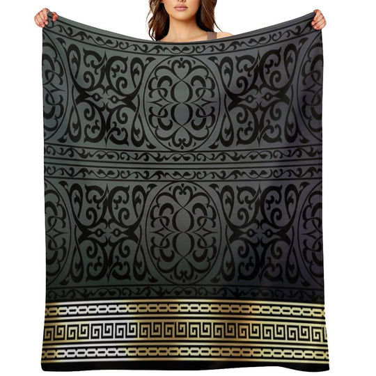 Greek Key Ornate Black & Gold Wrinkle-free Throw Blanket