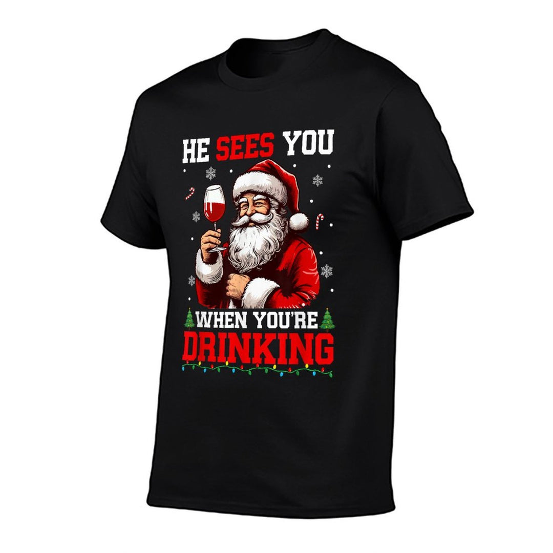 He Sees When Youre Drinking Christmas Santa Drinking Wine  Polyester Blend T-Shirt