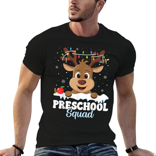 Preschool Teacher Christmas Preschool Squad Reindeer Xmas  Ribbed Collar T-Shirt