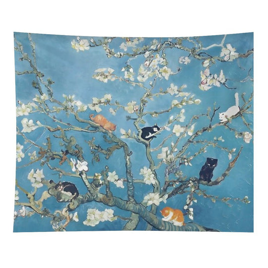 Van Gogh Cute Cats in Almond Blossom Tapestry