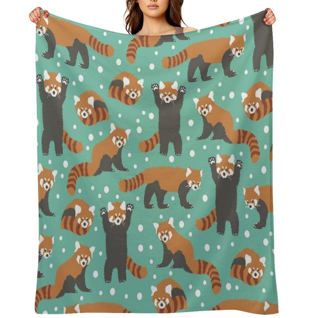 Cute Red Panda Pattern with White Dots And Turquoise Background Premium Throw Blanket
